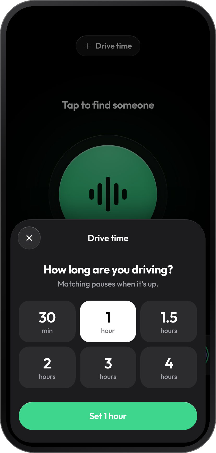 Set drive time screen